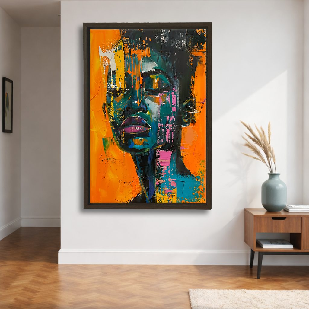 Abstract African Woman Portrait Orange Teal canvas wall art, walnut floating frame