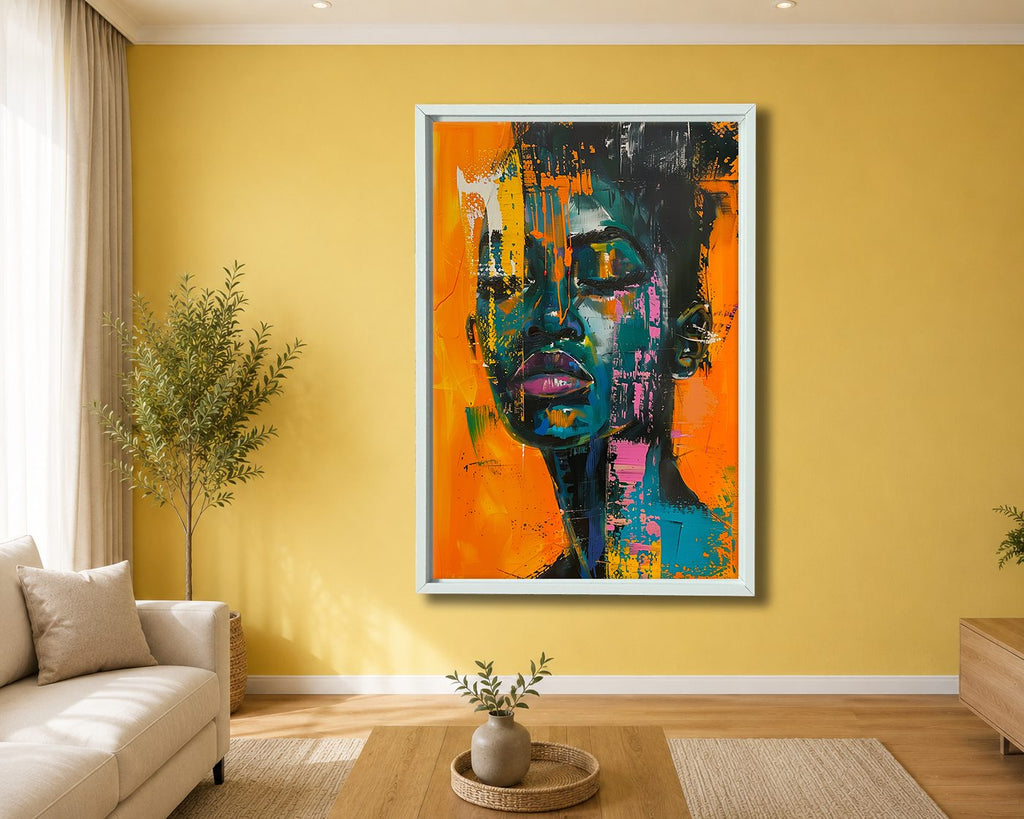 Abstract African Woman Portrait Orange Teal canvas wall art, white floating frame