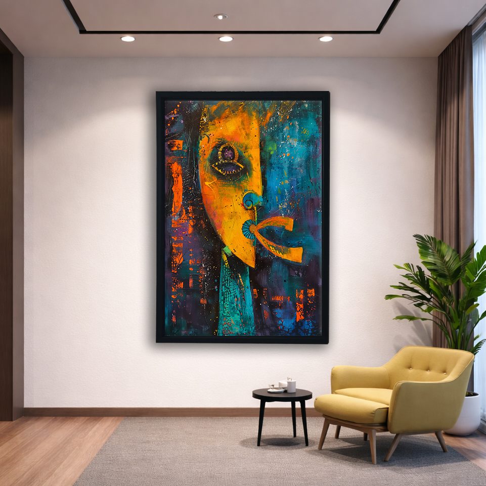 Abstract Face Mixed Media canvas wall art, black floating frame