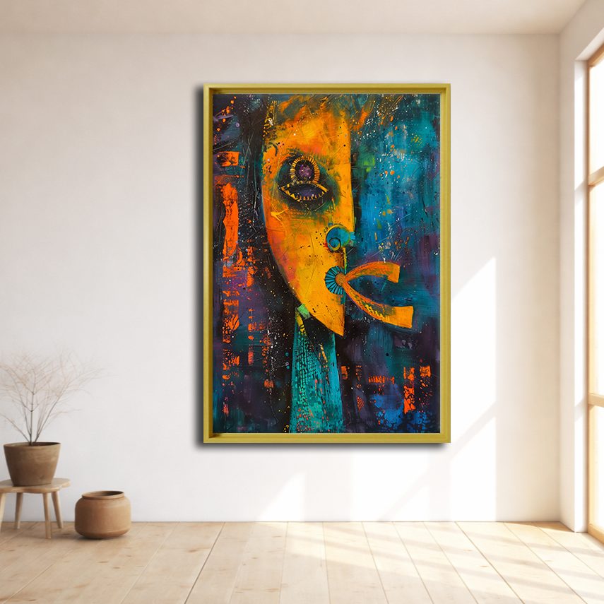 Abstract Face Mixed Media canvas wall art, natural wood floating frame