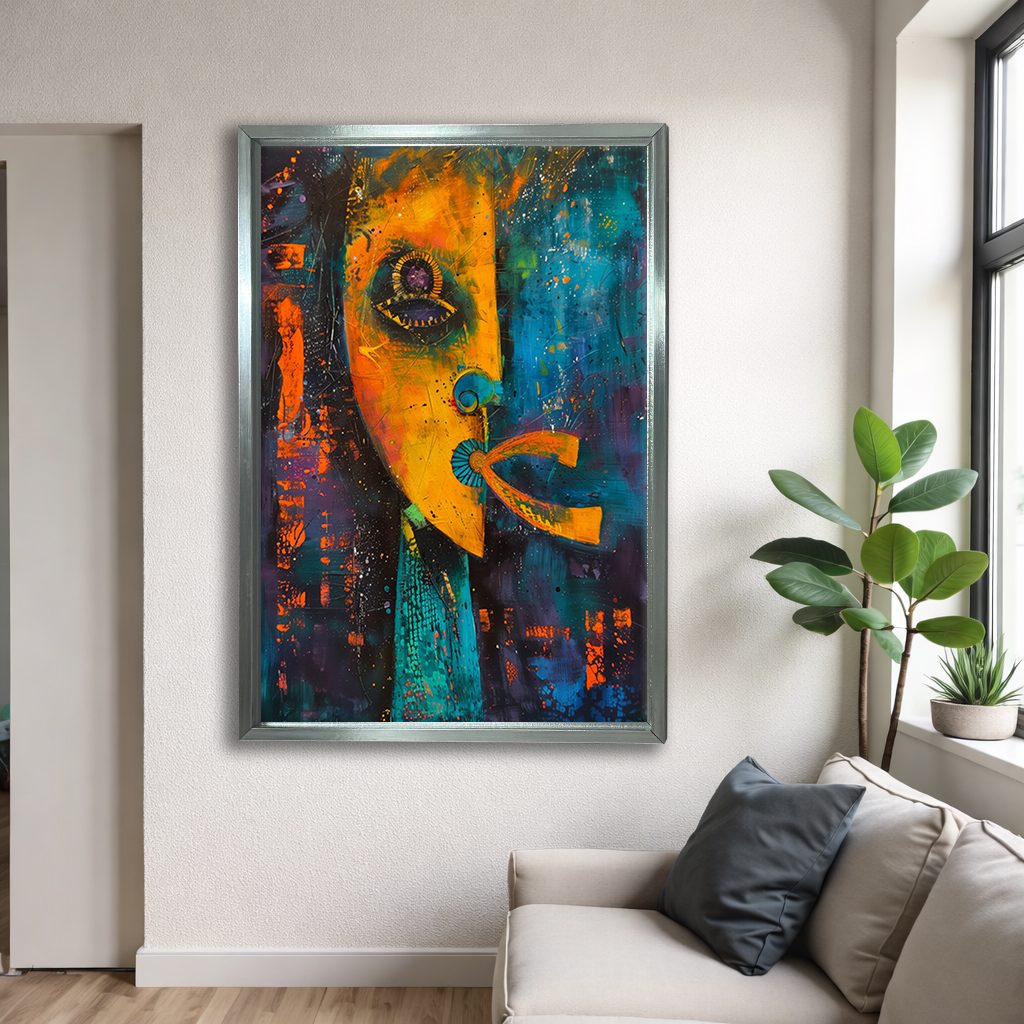 Abstract Face Mixed Media canvas wall art, silver floating frame