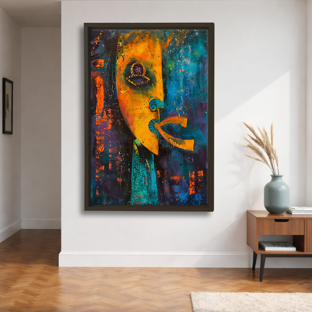 Abstract Face Mixed Media canvas wall art, walnut floating frame