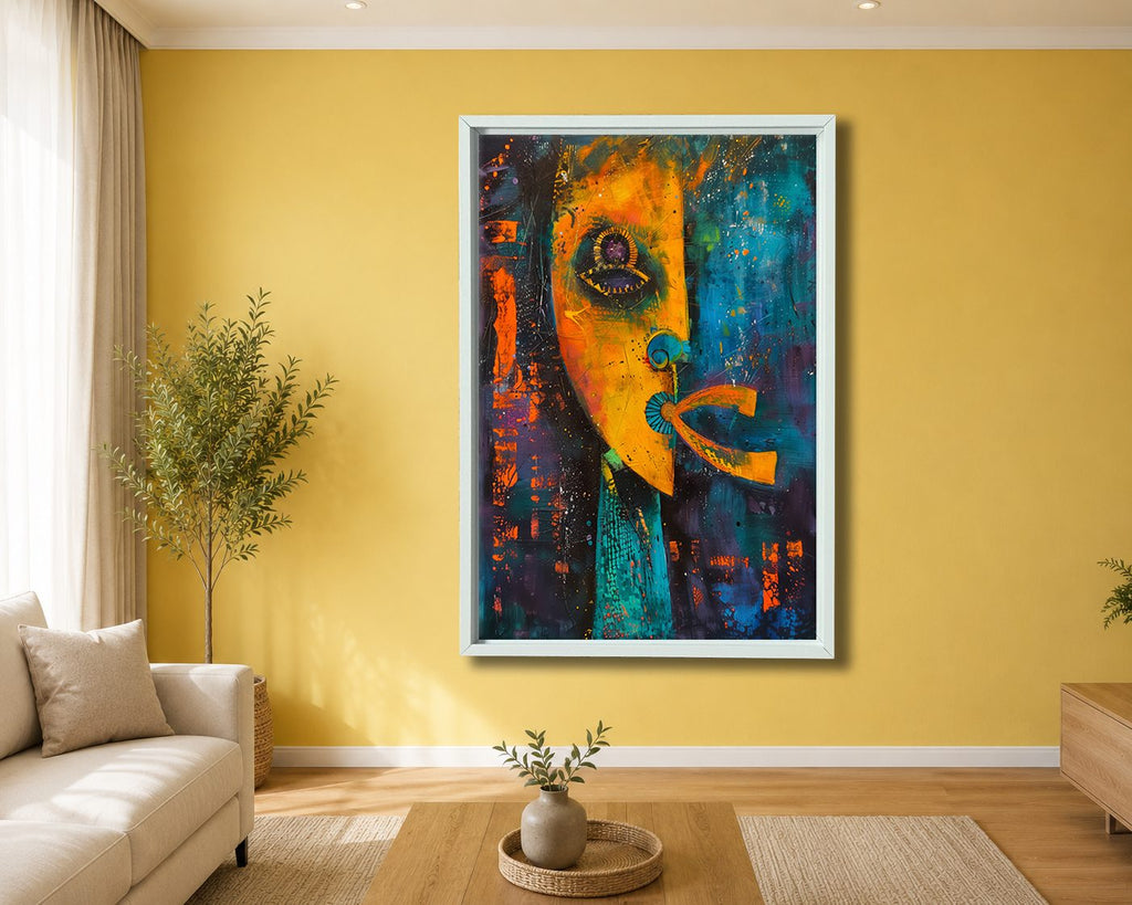 Abstract Face Mixed Media canvas wall art, white floating frame