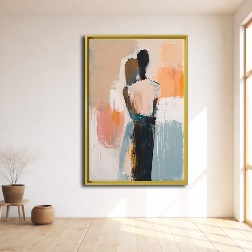Abstract Figure in Neutral Tones canvas wall art, natural wood floating frame