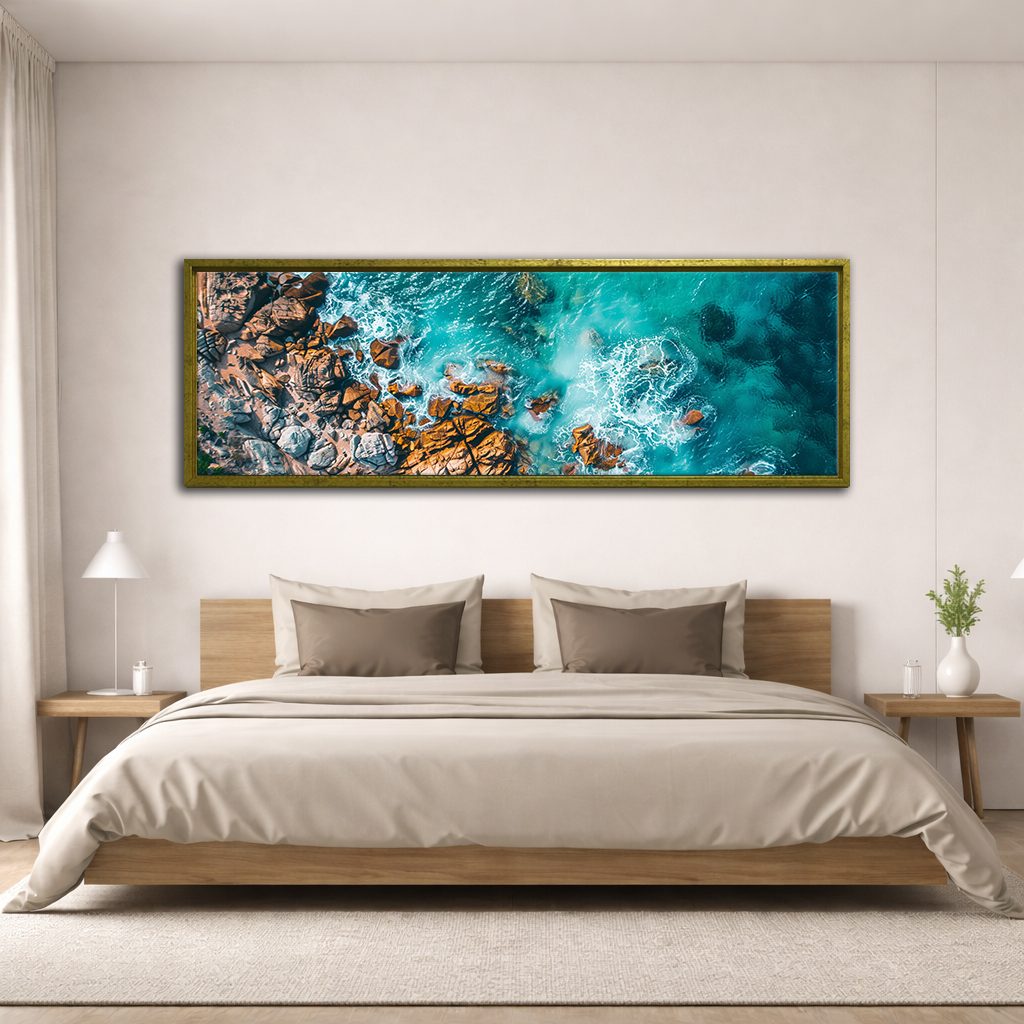 Aerial Turquoise Ocean and Rocks canvas wall art, antique gold floating frame