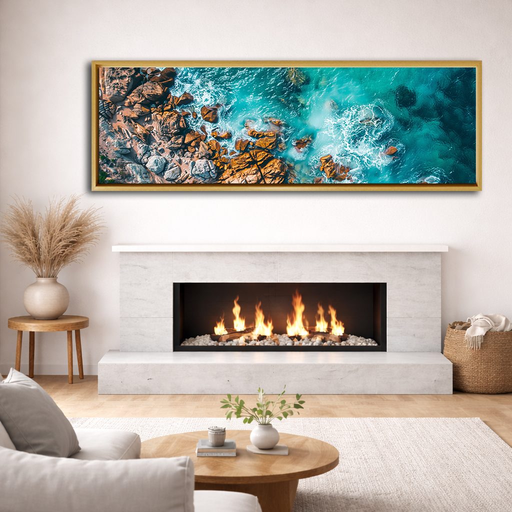 Aerial Turquoise Ocean and Rocks canvas wall art, natural wood floating frame