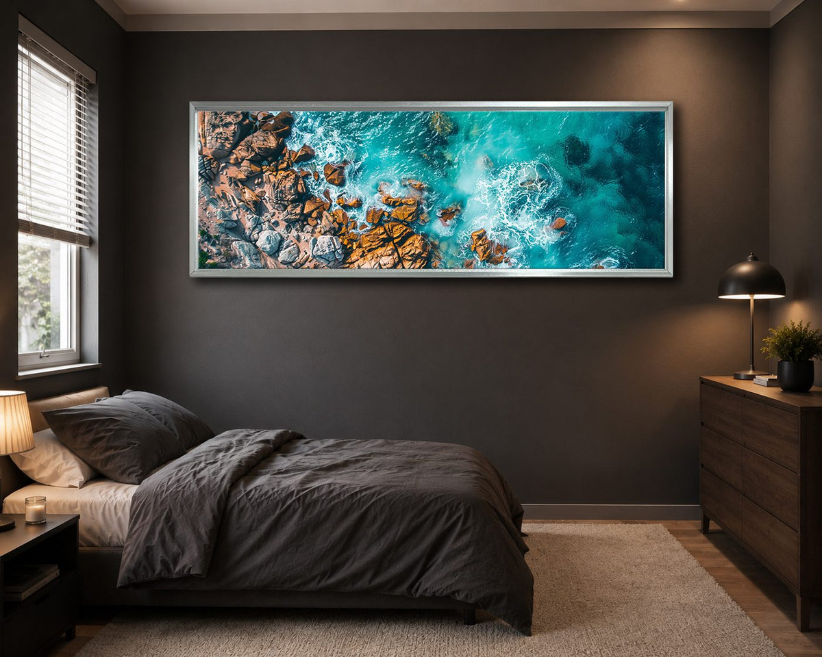 Aerial Turquoise Ocean and Rocks canvas wall art, silver floating frame