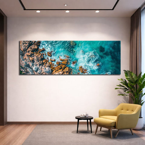 Aerial Turquoise Ocean and Rocks canvas wall art, unframed canvas