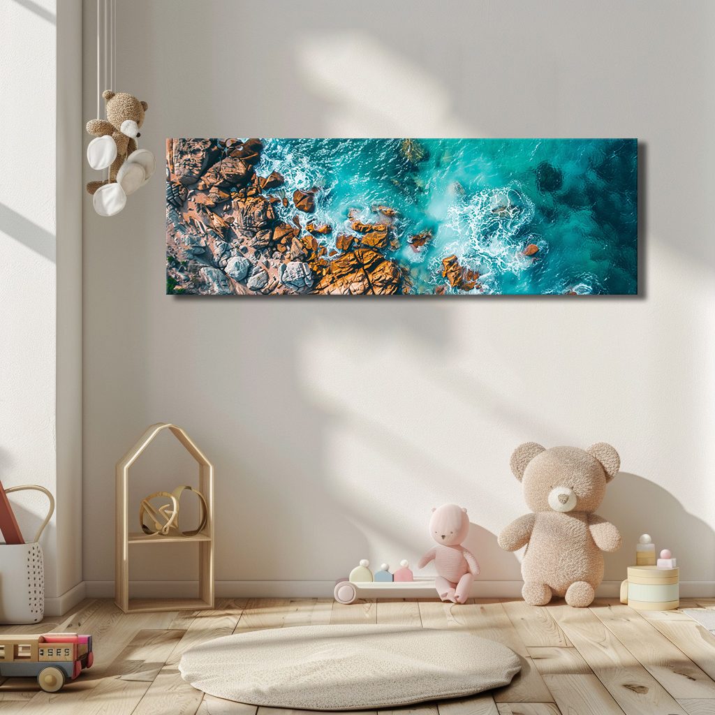 Aerial Turquoise Ocean and Rocks canvas wall art, unframed canvas