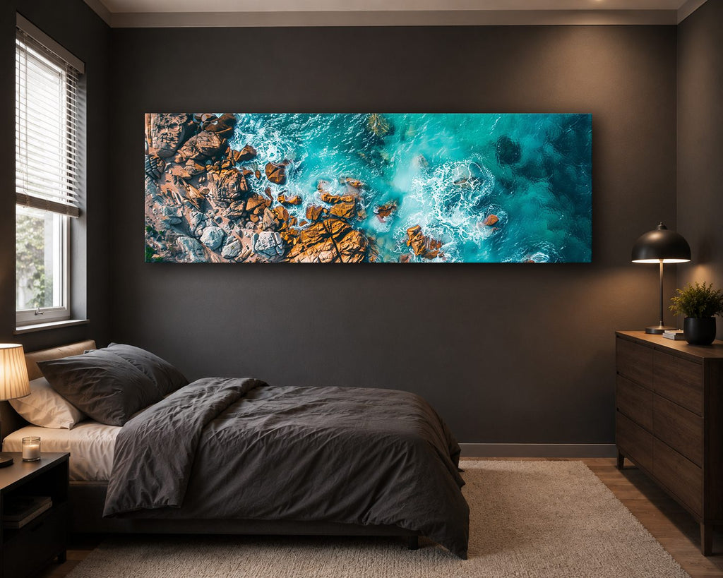 Aerial Turquoise Ocean and Rocks canvas wall art, unframed canvas