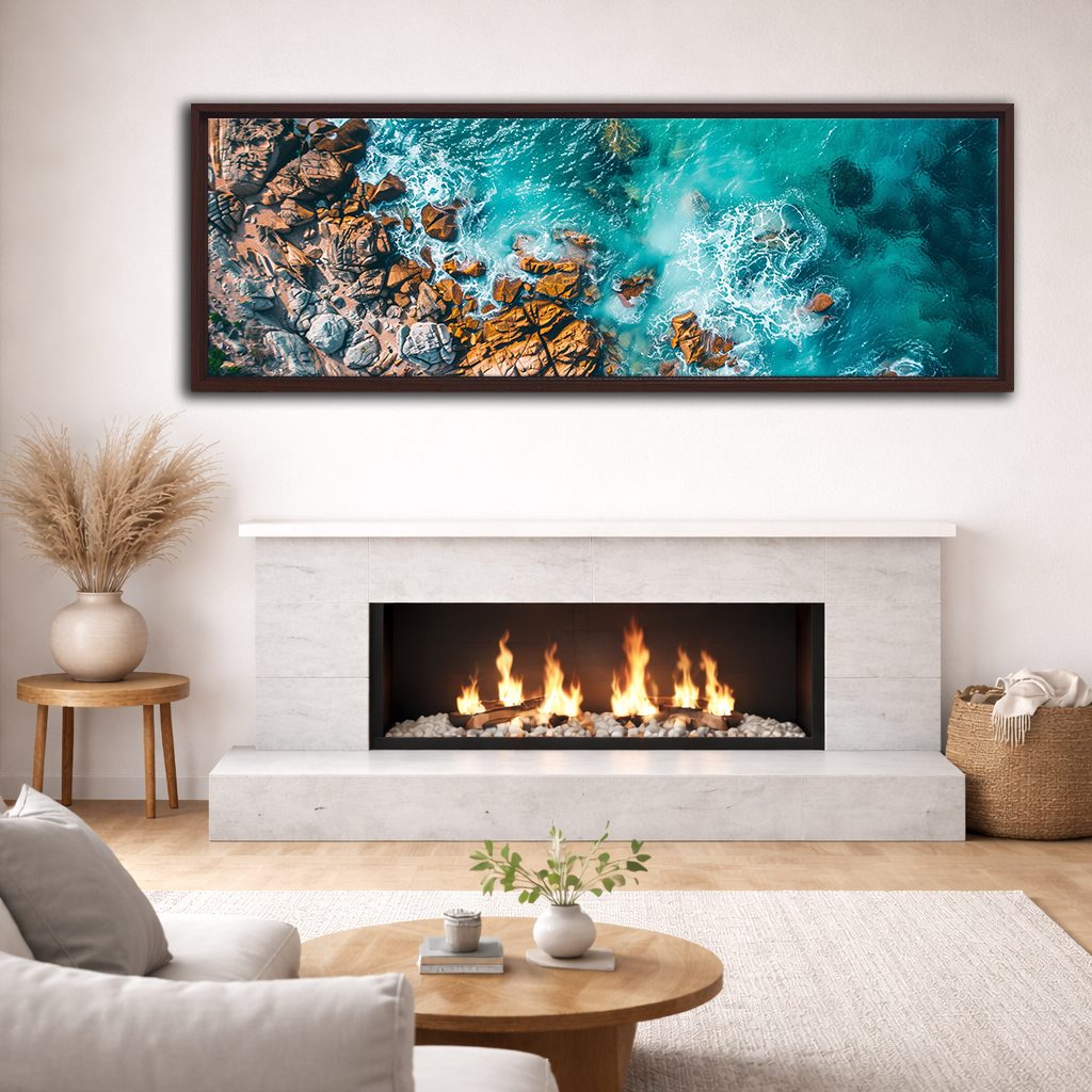 Aerial Turquoise Ocean and Rocks canvas wall art, walnut floating frame