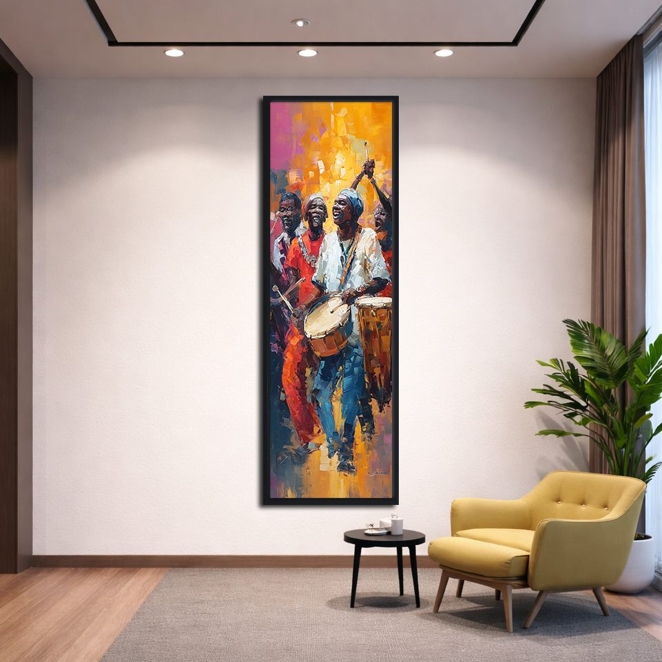 African Drummers Celebration canvas wall art, black floating frame