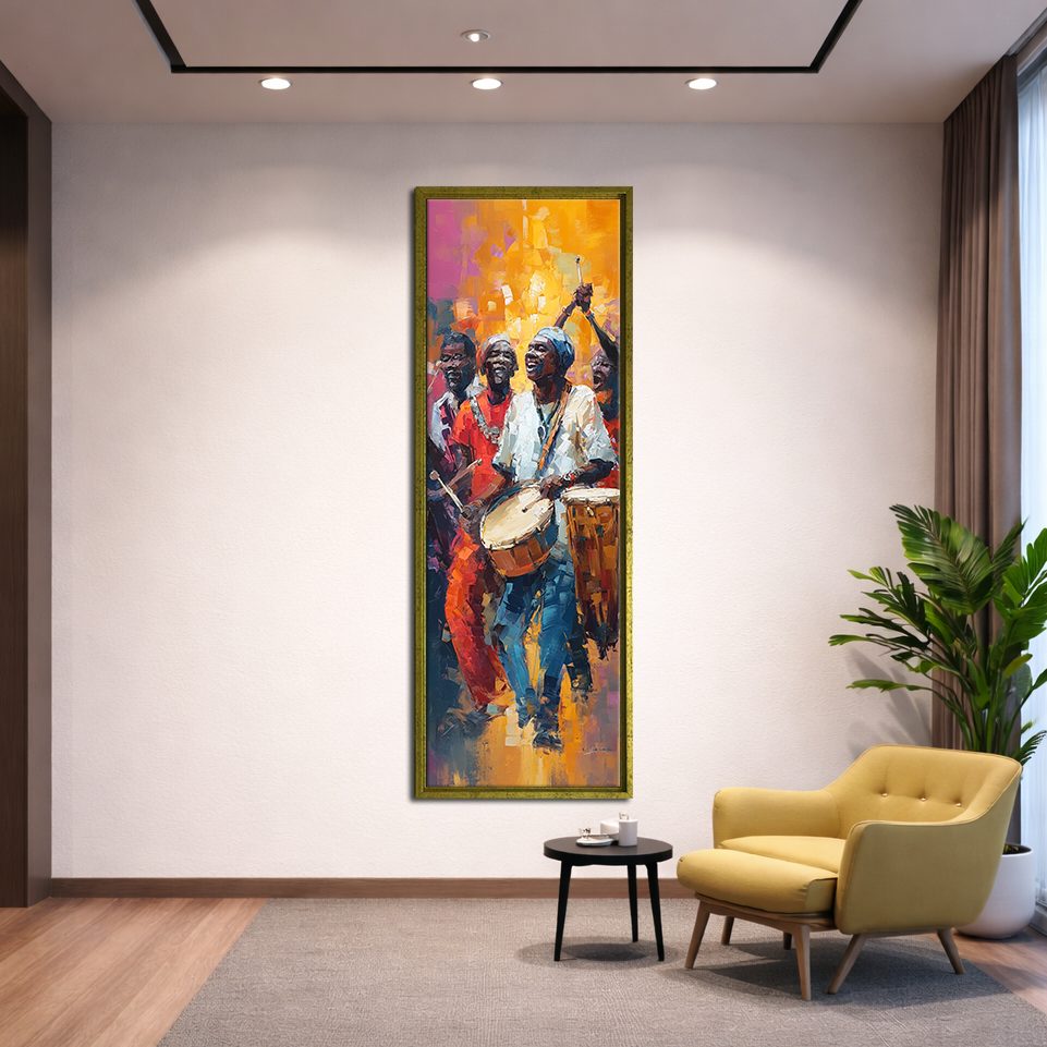 African Drummers Celebration canvas wall art, gold floating frame