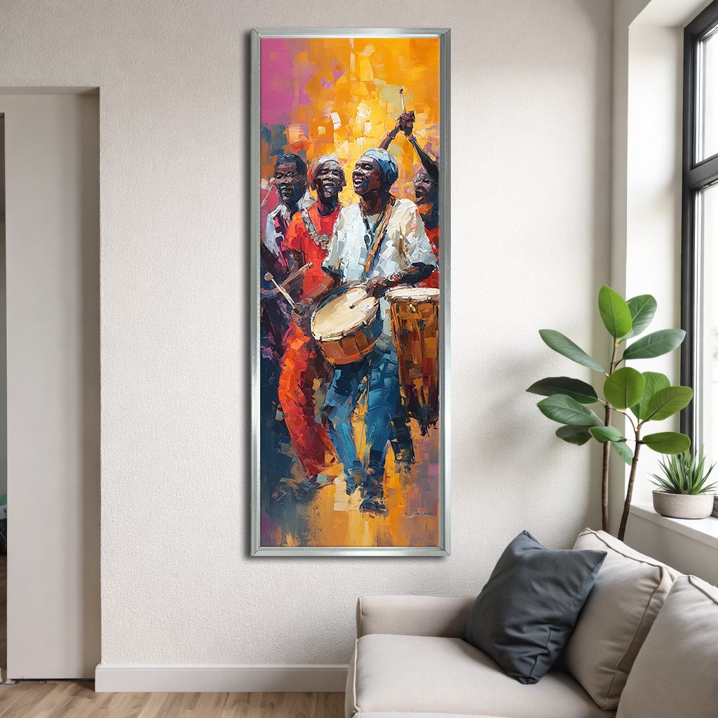 African Drummers Celebration canvas wall art, silver floating frame