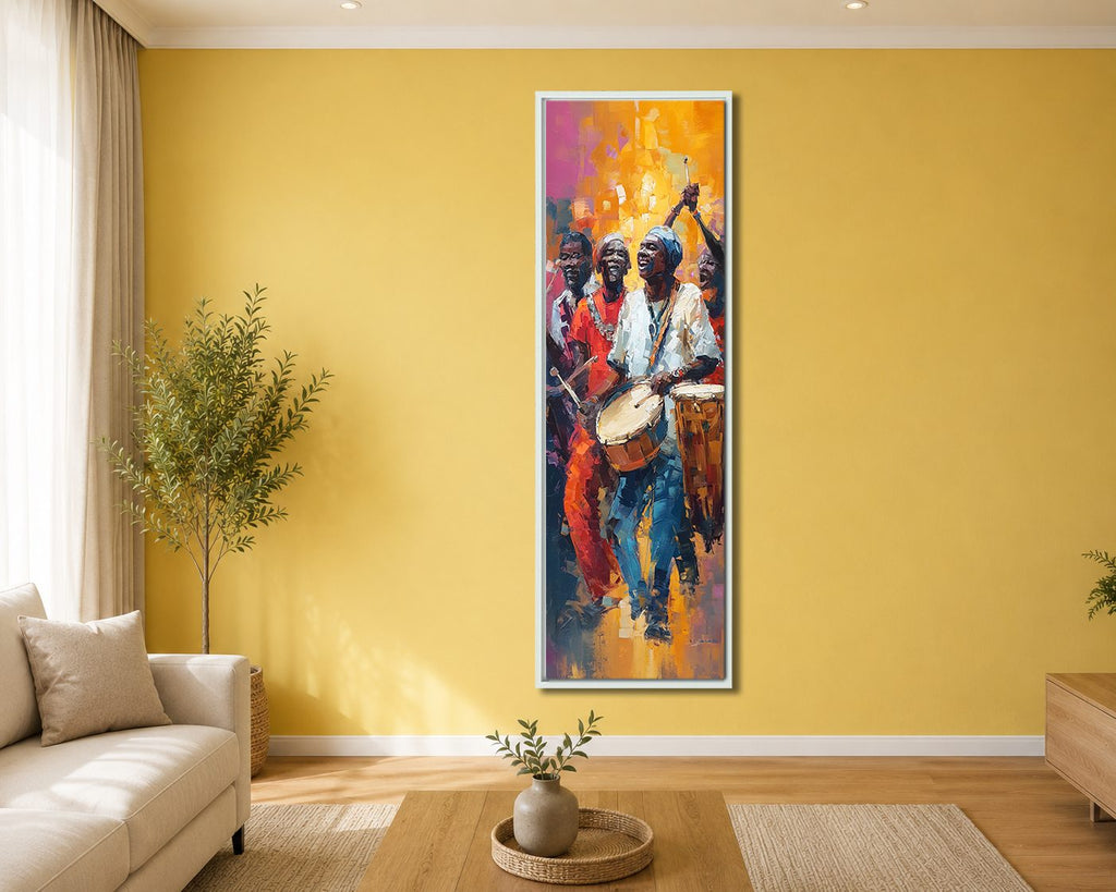 African Drummers Celebration canvas wall art, white floating frame
