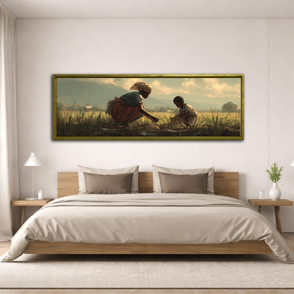 African Mother and Child in Field canvas wall art, antique gold floating frame