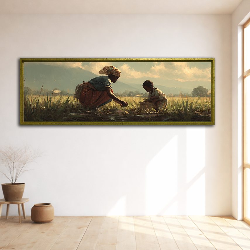 African Mother and Child in Field canvas wall art, gold floating frame