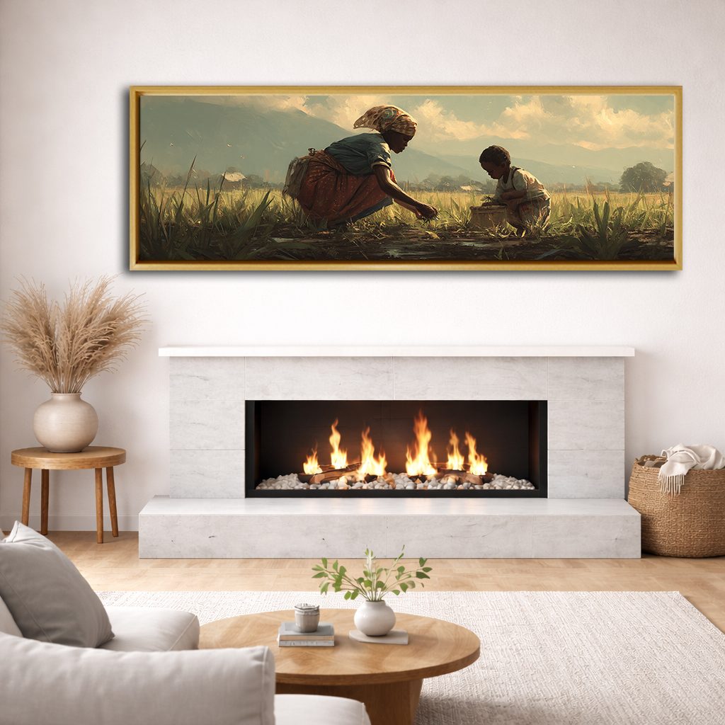 African Mother and Child in Field canvas wall art, natural wood floating frame