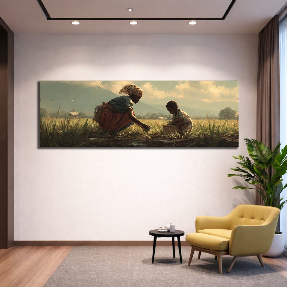 African Mother and Child in Field canvas wall art, unframed canvas