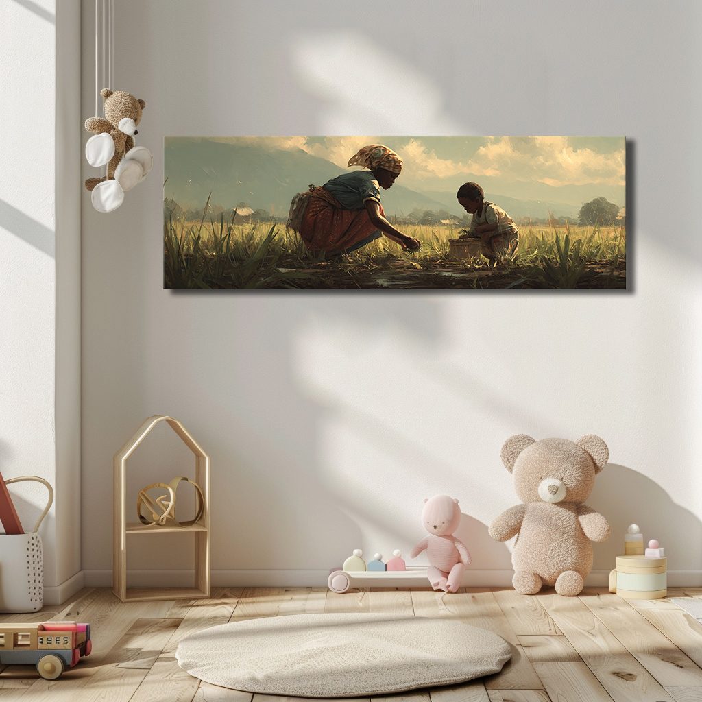African Mother and Child in Field canvas wall art, unframed canvas