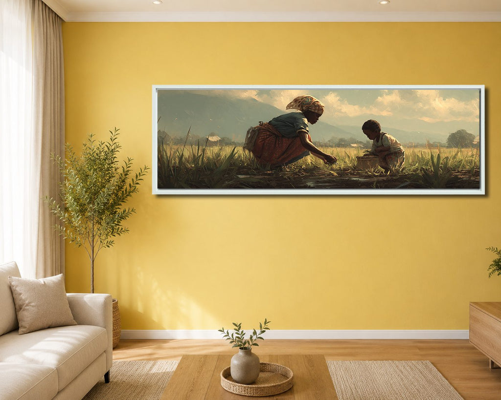 African Mother and Child in Field canvas wall art, white floating frame