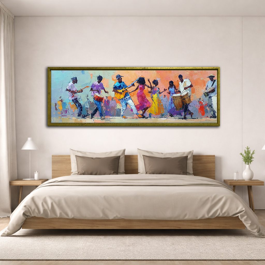 African Musicians and Dancers canvas wall art, antique gold floating frame