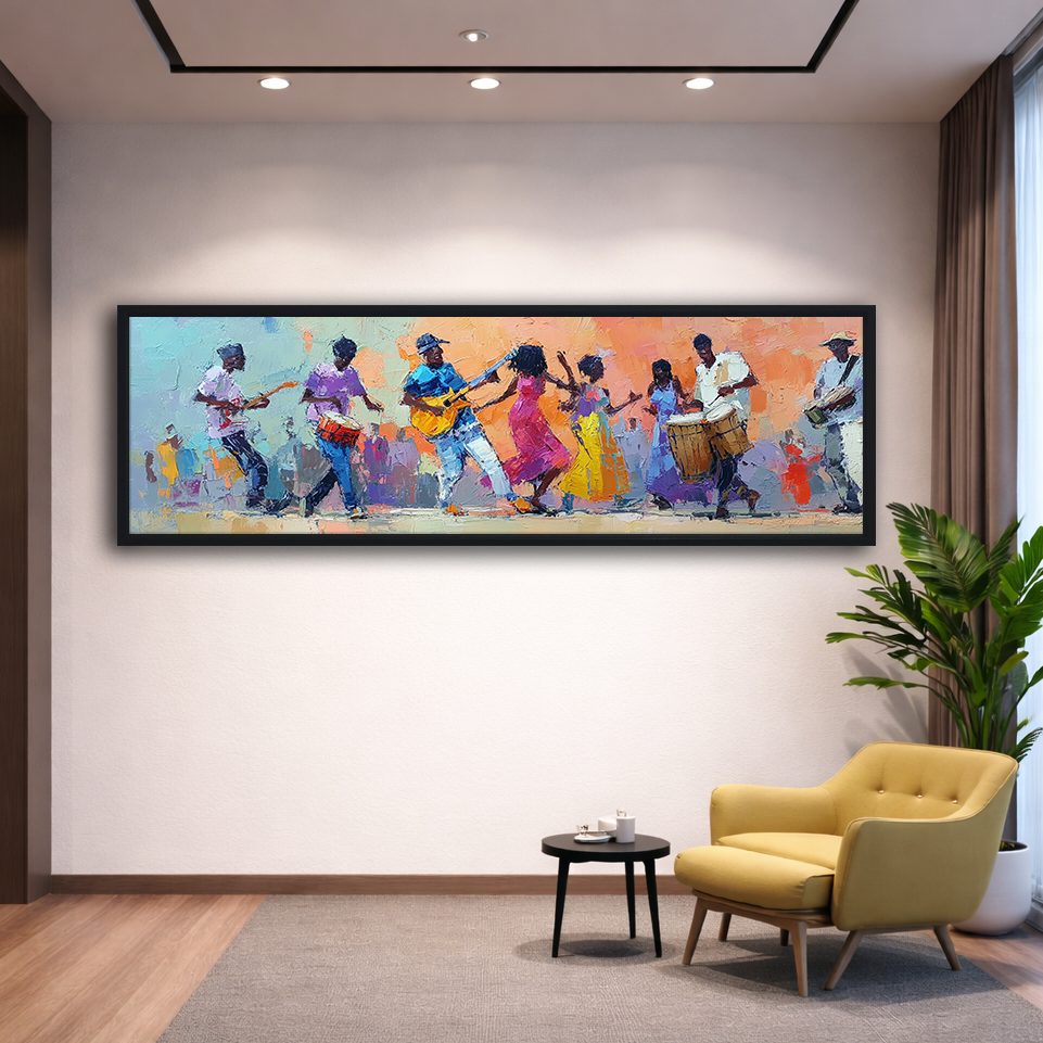 African Musicians and Dancers canvas wall art, black floating frame