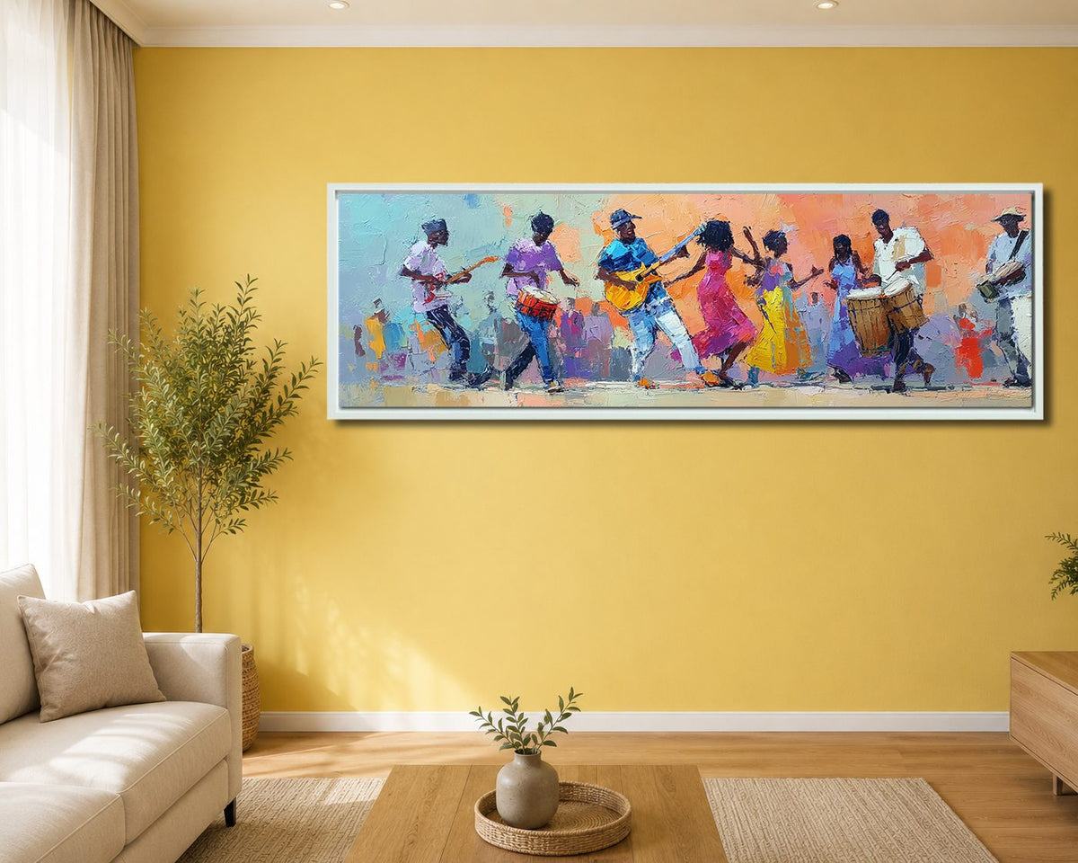 African Musicians and Dancers canvas wall art, white floating frame