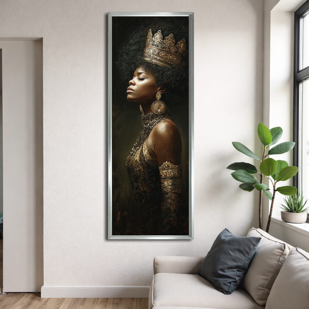 African Queen with Golden Crown canvas wall art, silver floating frame