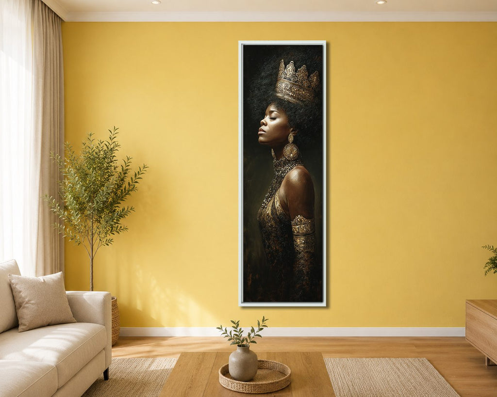 African Queen with Golden Crown canvas wall art, white floating frame
