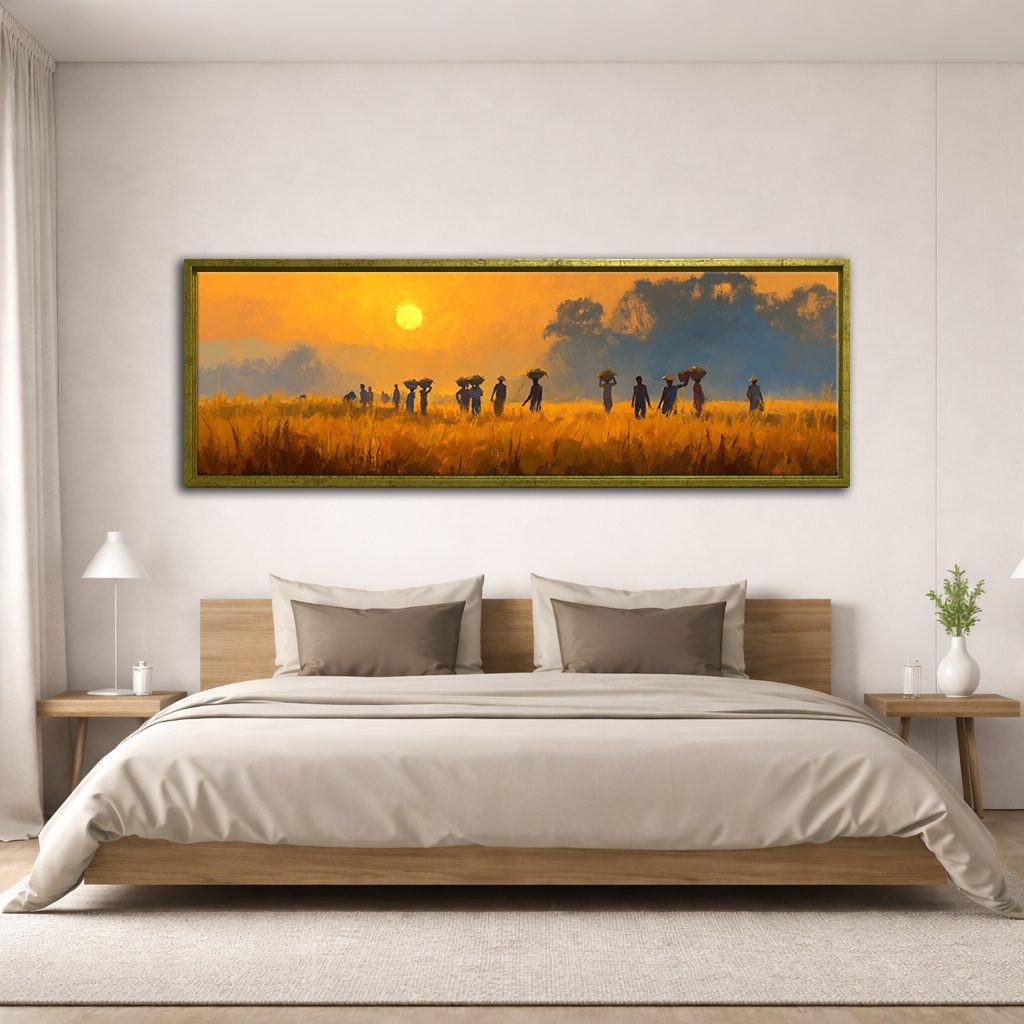 African Savanna Sunset Villagers canvas wall art, antique gold floating frame