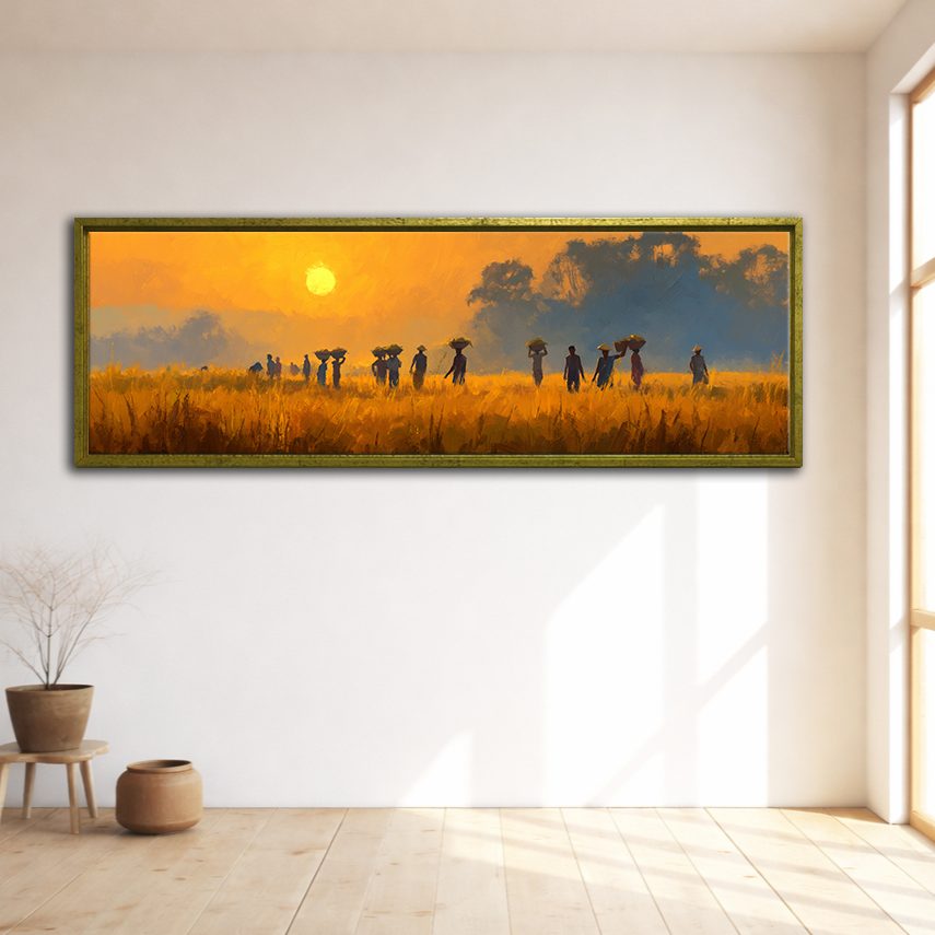 African Savanna Sunset Villagers canvas wall art, gold floating frame