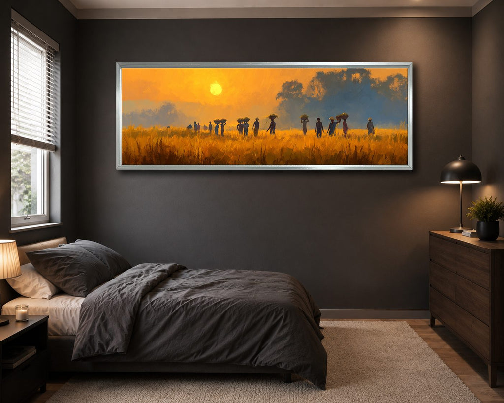 African Savanna Sunset Villagers canvas wall art, silver floating frame
