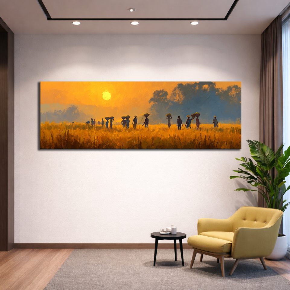 African Savanna Sunset Villagers canvas wall art, unframed canvas