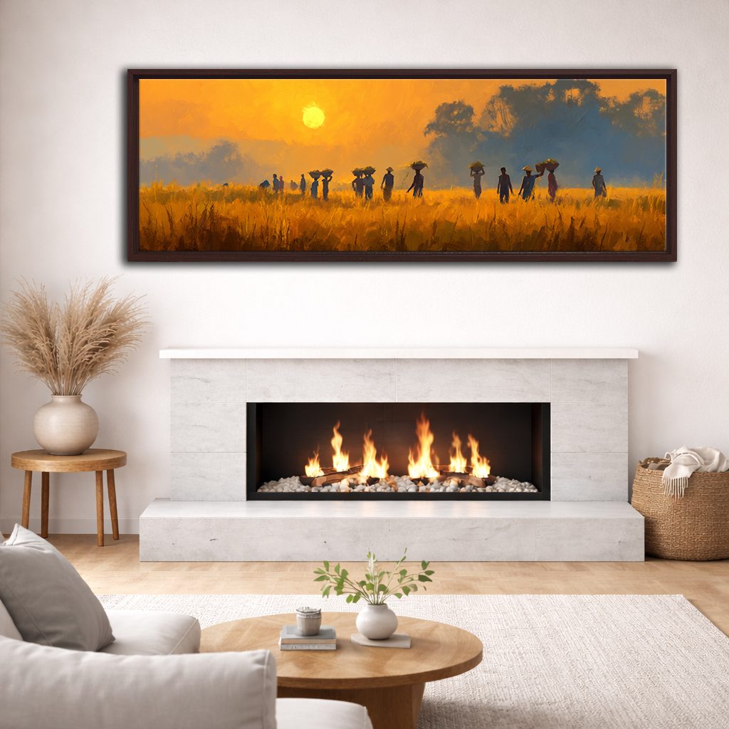 African Savanna Sunset Villagers canvas wall art, walnut floating frame