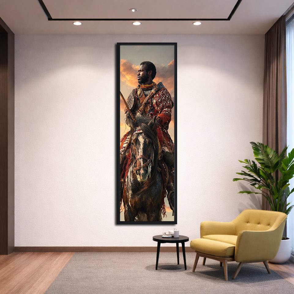 African Warrior on Horseback canvas wall art, black floating frame