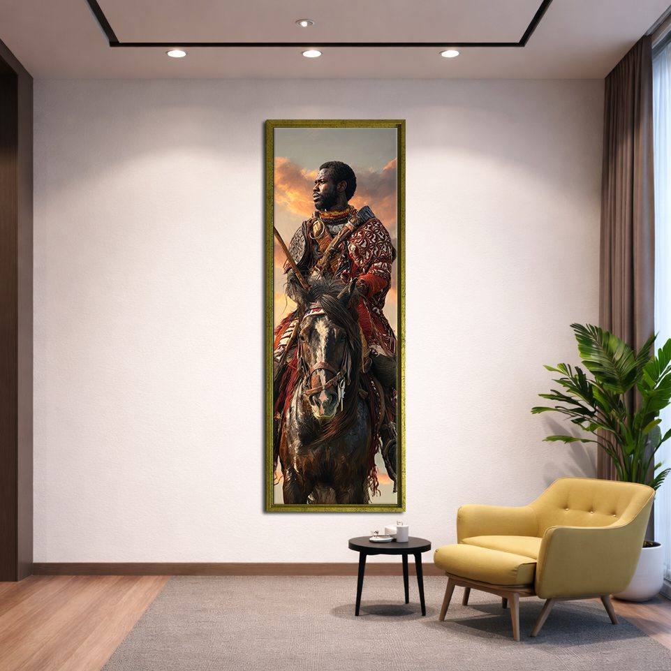 African Warrior on Horseback canvas wall art, gold floating frame