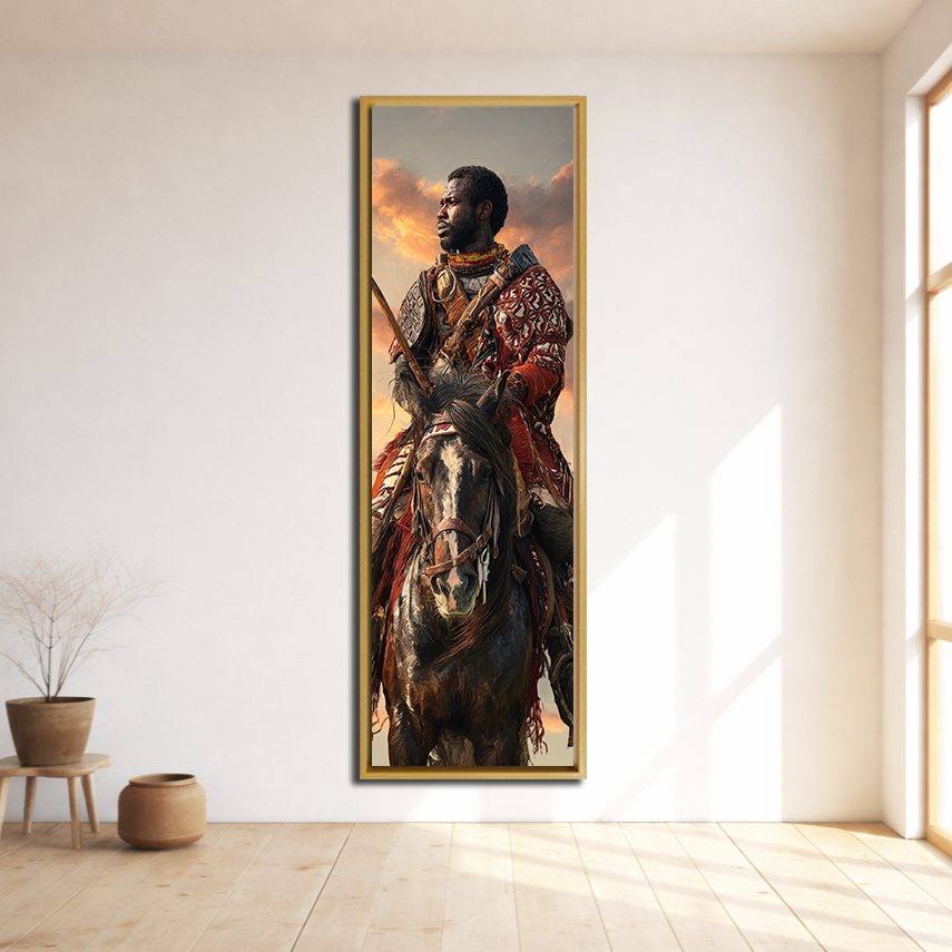 African Warrior on Horseback canvas wall art, natural wood floating frame