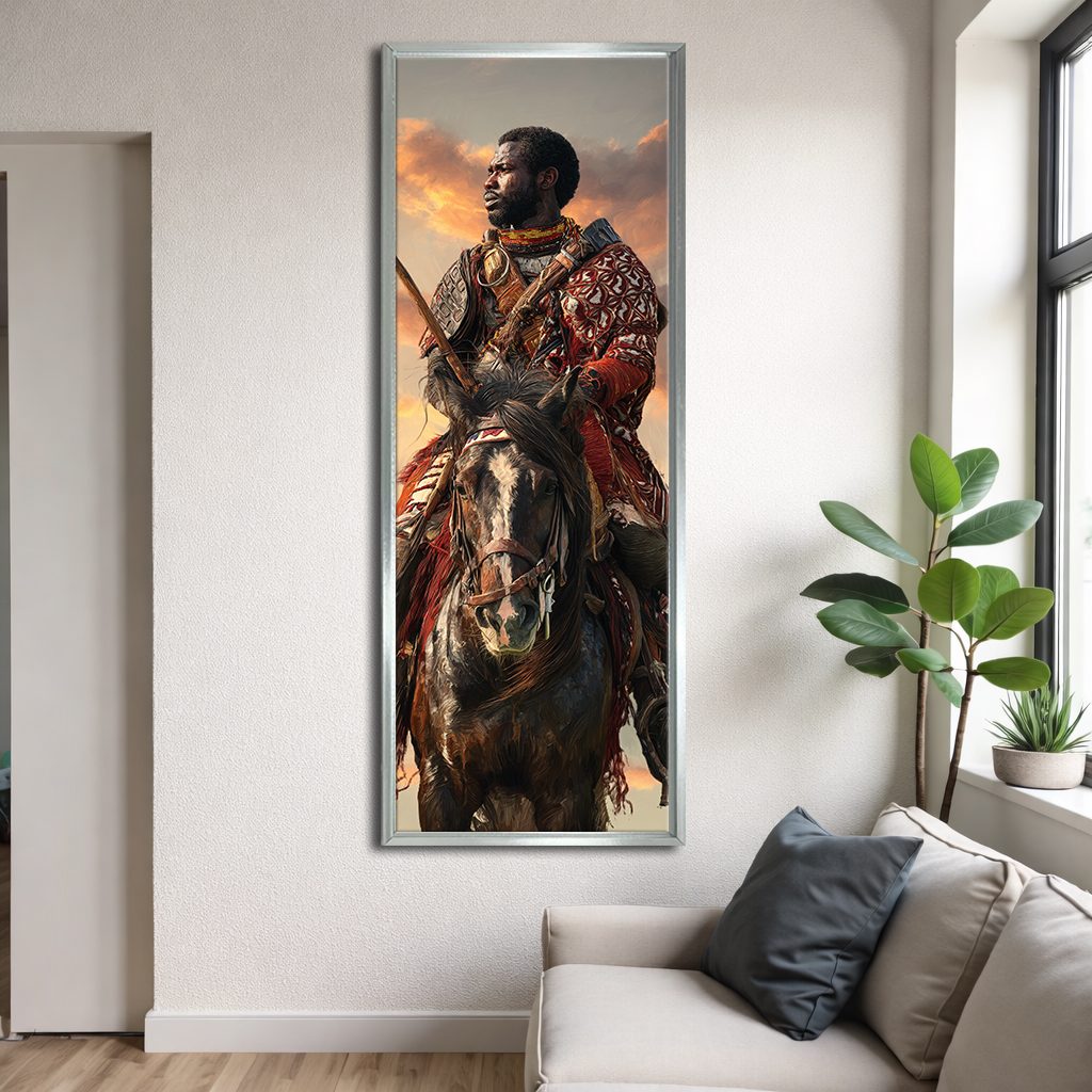 African Warrior on Horseback canvas wall art, silver floating frame