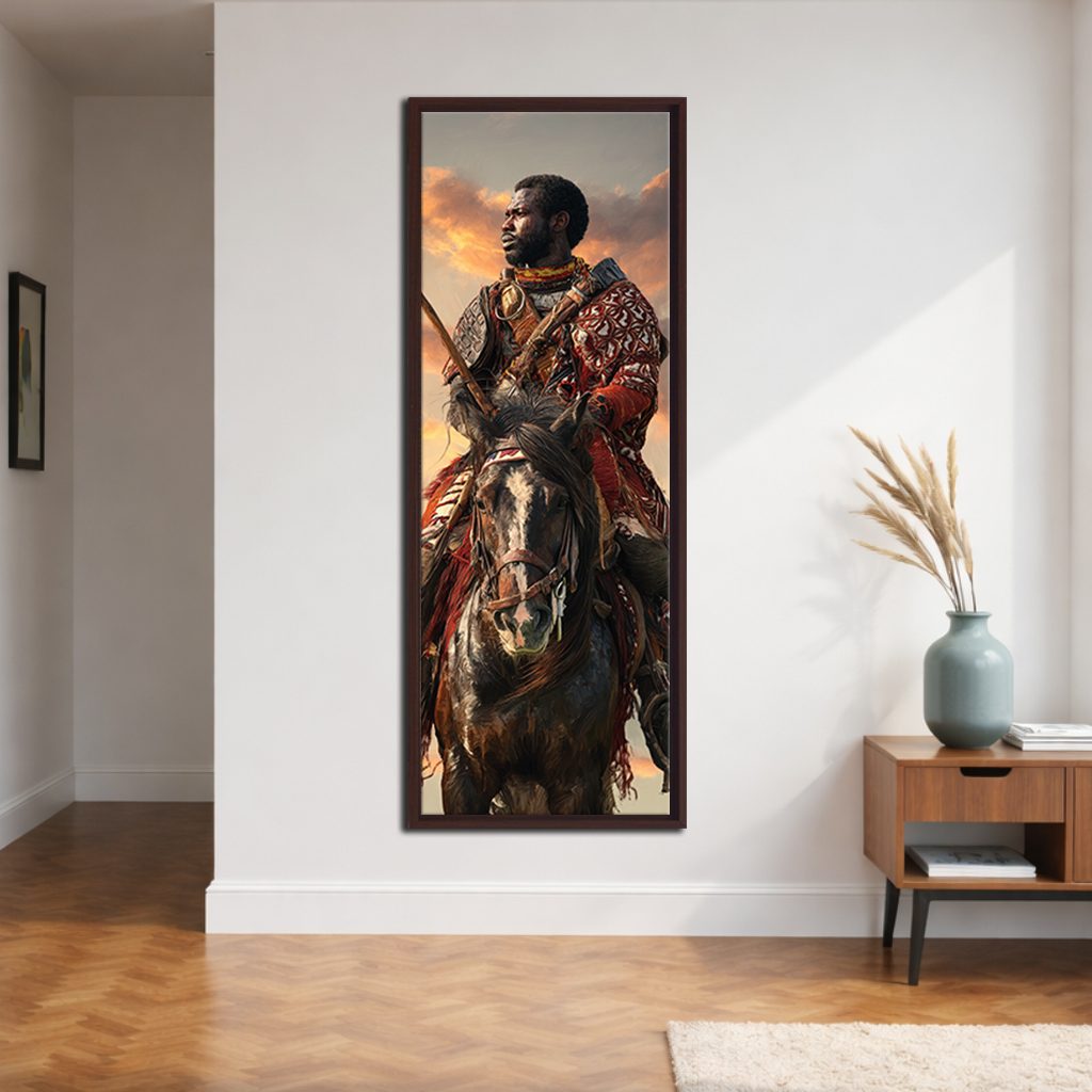 African Warrior on Horseback canvas wall art, walnut floating frame