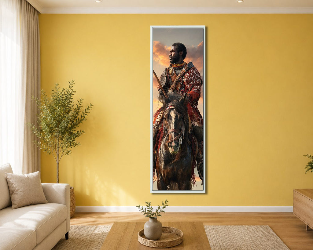 African Warrior on Horseback canvas wall art, white floating frame