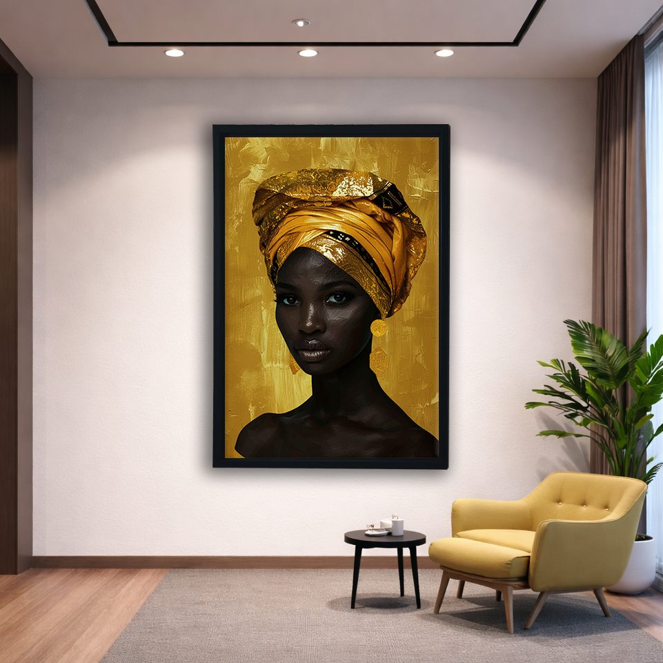 African Woman in Gold Head Wrap canvas wall art, black floating frame