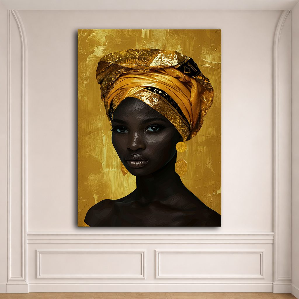 African Woman in Gold Head Wrap canvas wall art, unframed canvas