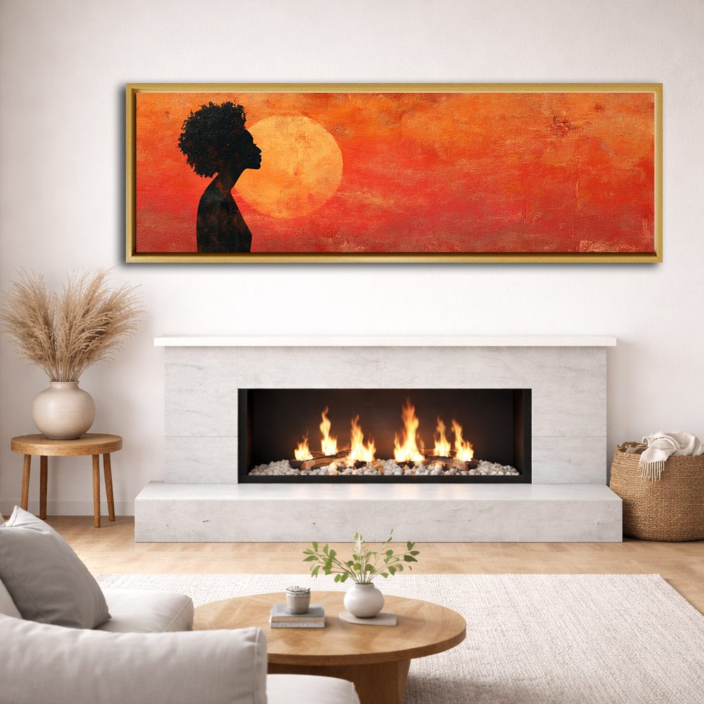African Woman Silhouette Red Sun canvas wall art, natural wood floating frame