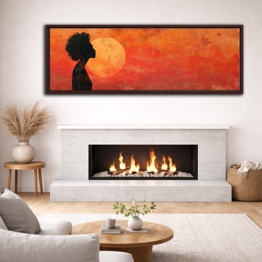 African Woman Silhouette Red Sun canvas wall art, walnut floating frame