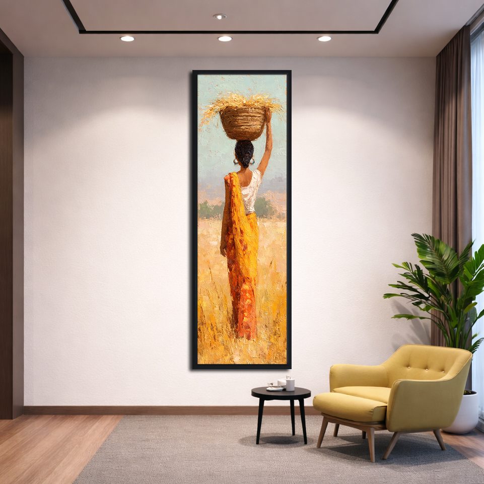 African Woman with Basket in Golden Field canvas wall art, black floating frame