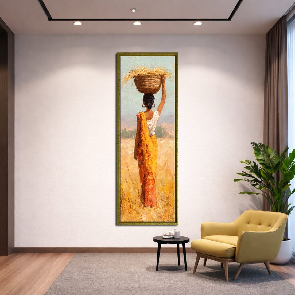 African Woman with Basket in Golden Field canvas wall art, gold floating frame