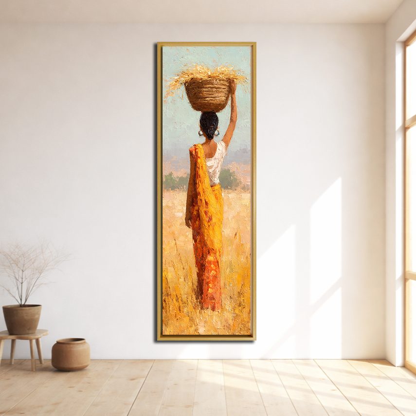 African Woman with Basket in Golden Field canvas wall art, natural wood floating frame