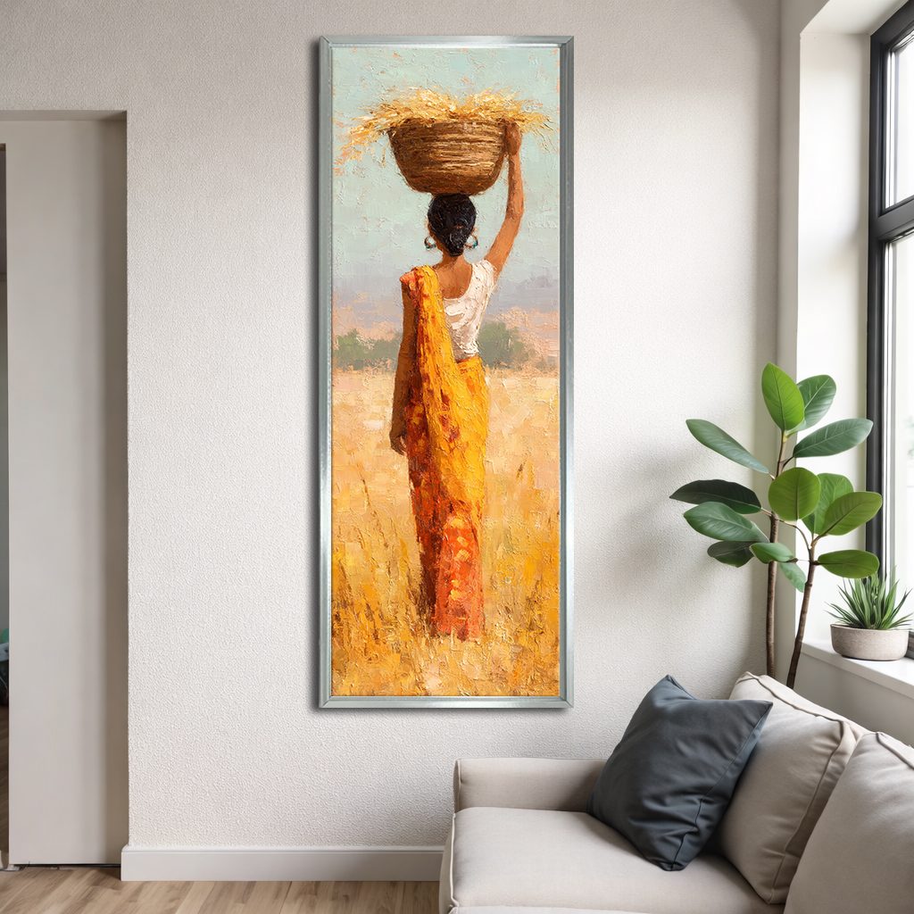 African Woman with Basket in Golden Field canvas wall art, silver floating frame