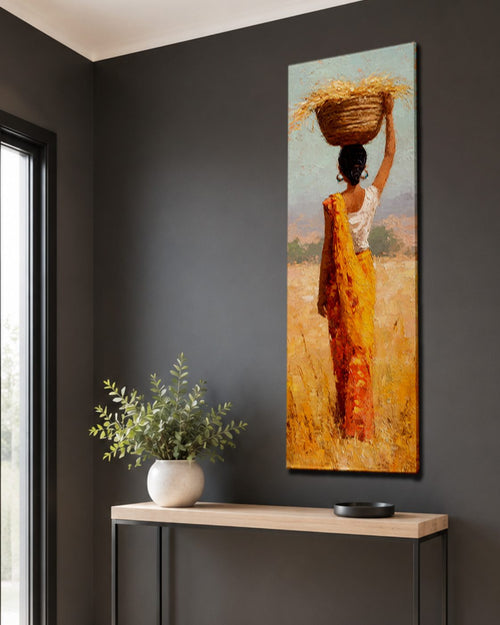 African Woman with Basket in Golden Field canvas wall art, unframed canvas